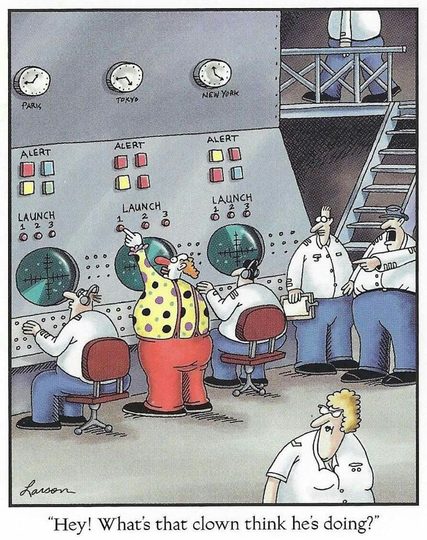 the far side a clown sets off a missile launch