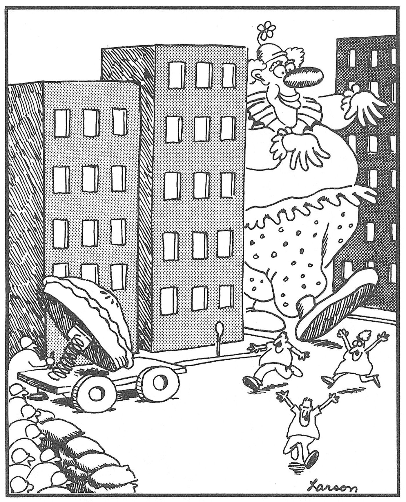 the far side a giant clown stamps around town like godzilla