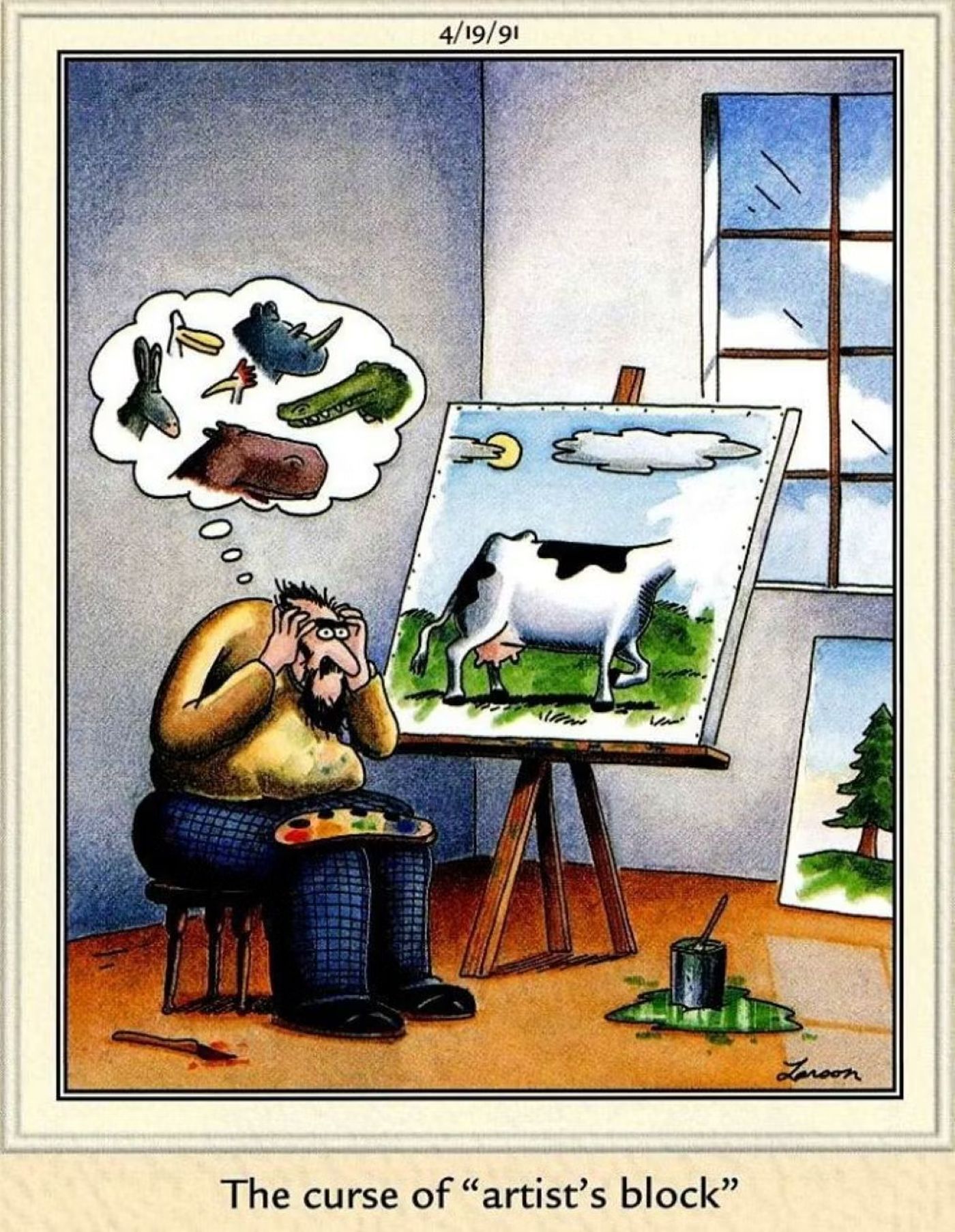 the far side, "The curse of artist's block" A painter cannot decide what kind of head to put on the body of a cow