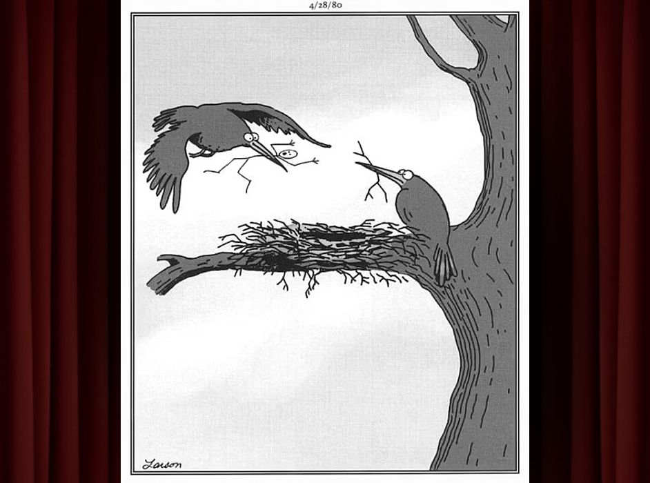 The Far Side Comic of a Bird Bringing a Screaming Stickman To Build Its Nest