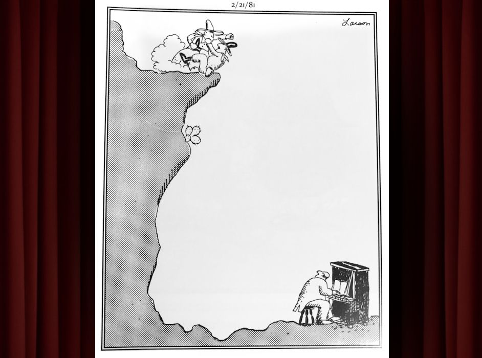 The Far Side Cartoon Cowboys Fighting off Cliff To a Piano Player Music