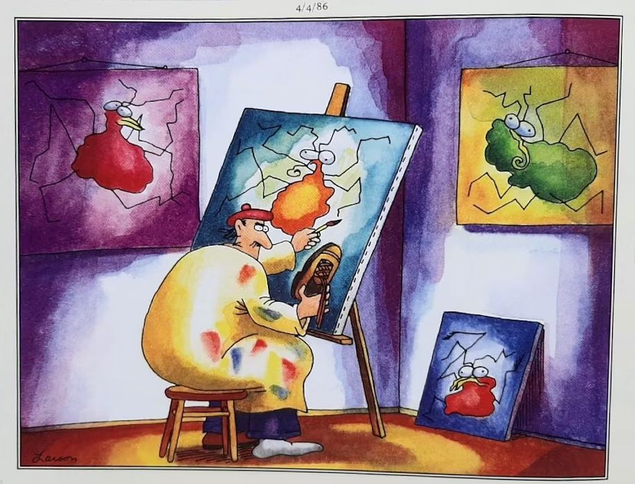 The Far Side Cartoon of Painter Painting a Dead Bug from Reference on His Shoe Sole