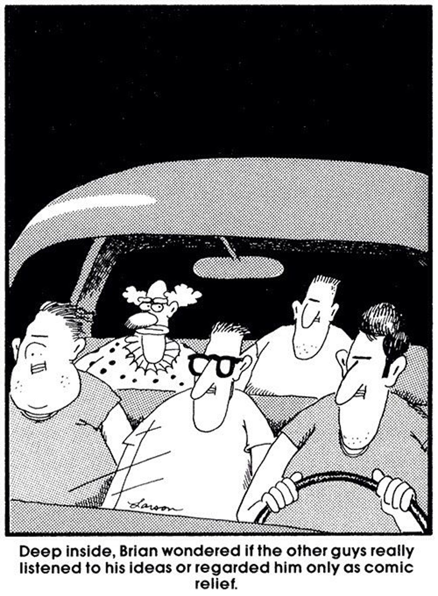 the far side clown has friends but isn't sure they take him seriously