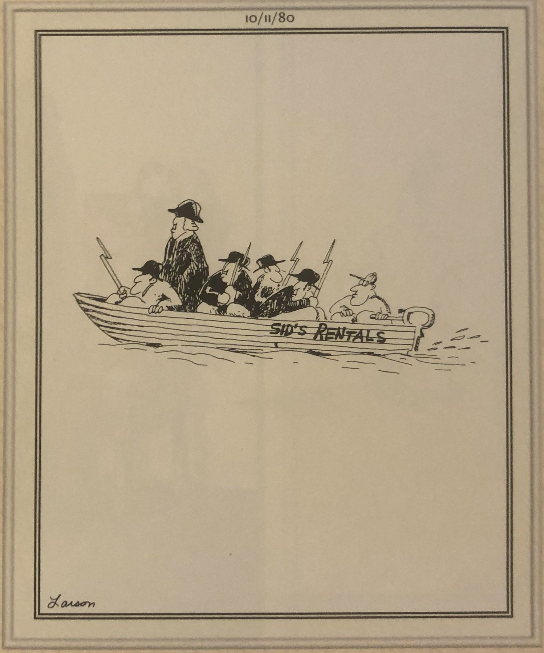 The Far Side, Gary Larson&rsquo;s rendition of Washington crossing the Delaware, hiring &ldquo;Sid&rsquo;s Rentals&rdquo; to get across