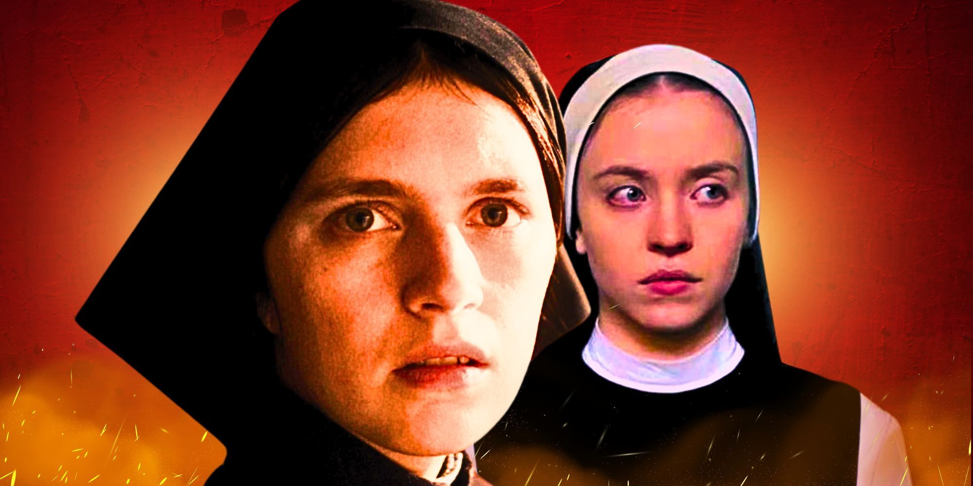 Nell Tiger Free as Sister Margaret in The First Omen and Sydney Sweeney as Sister Cecelia in immaculate