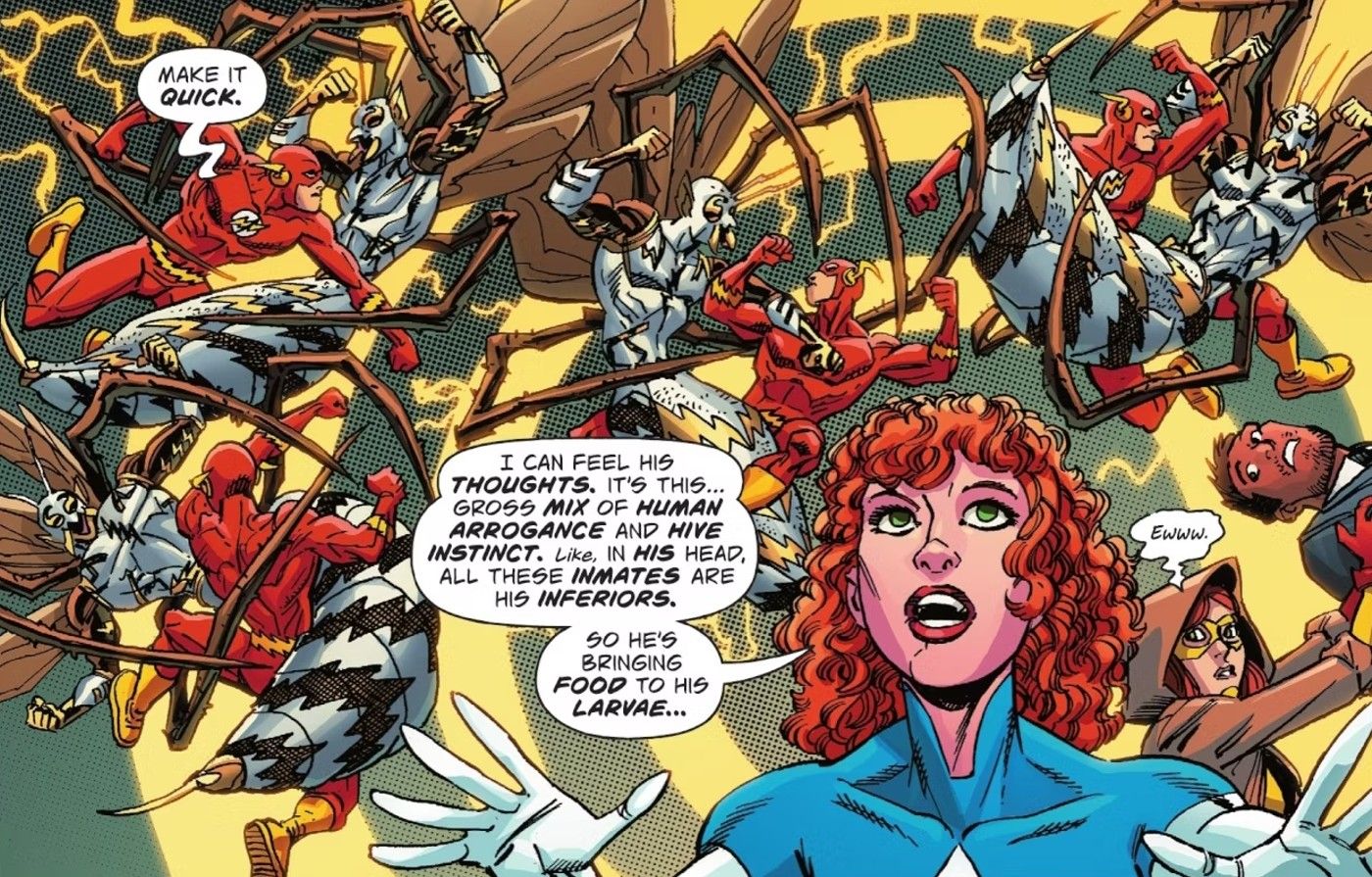 Comic book panel: many copies of the Flash fight a large costumed wasp.