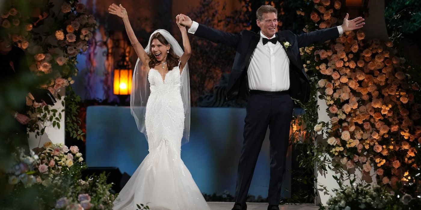 The Golden Bachelor's Theresa Nist and Gerry Turner After Getting Married Holding Hands with Arms Raised in Happiness