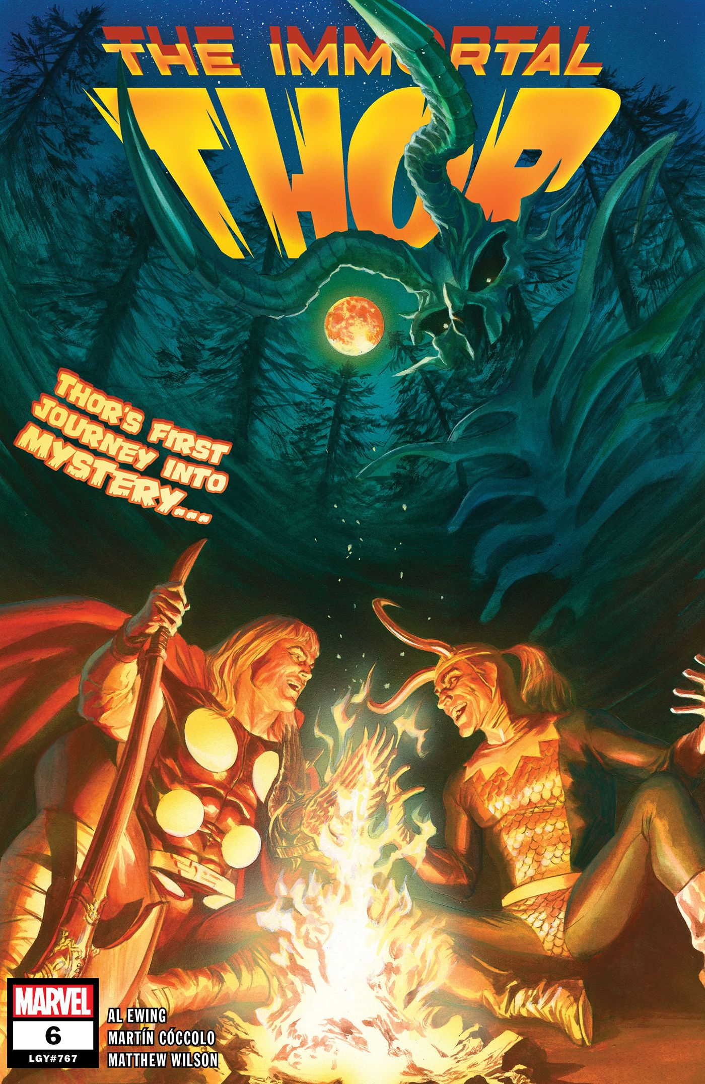 The Immortal Thor #6 Cover by Alex Ross - Thor and Loki sit around a campfire