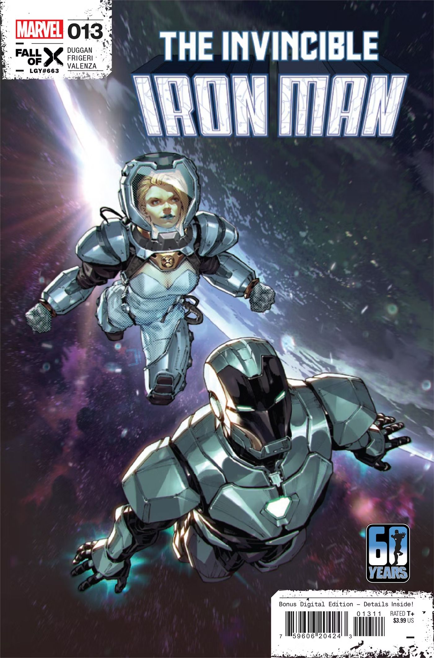 Cover for Invincible Iron Man #13, Iron Man & Emma Frost travel through space