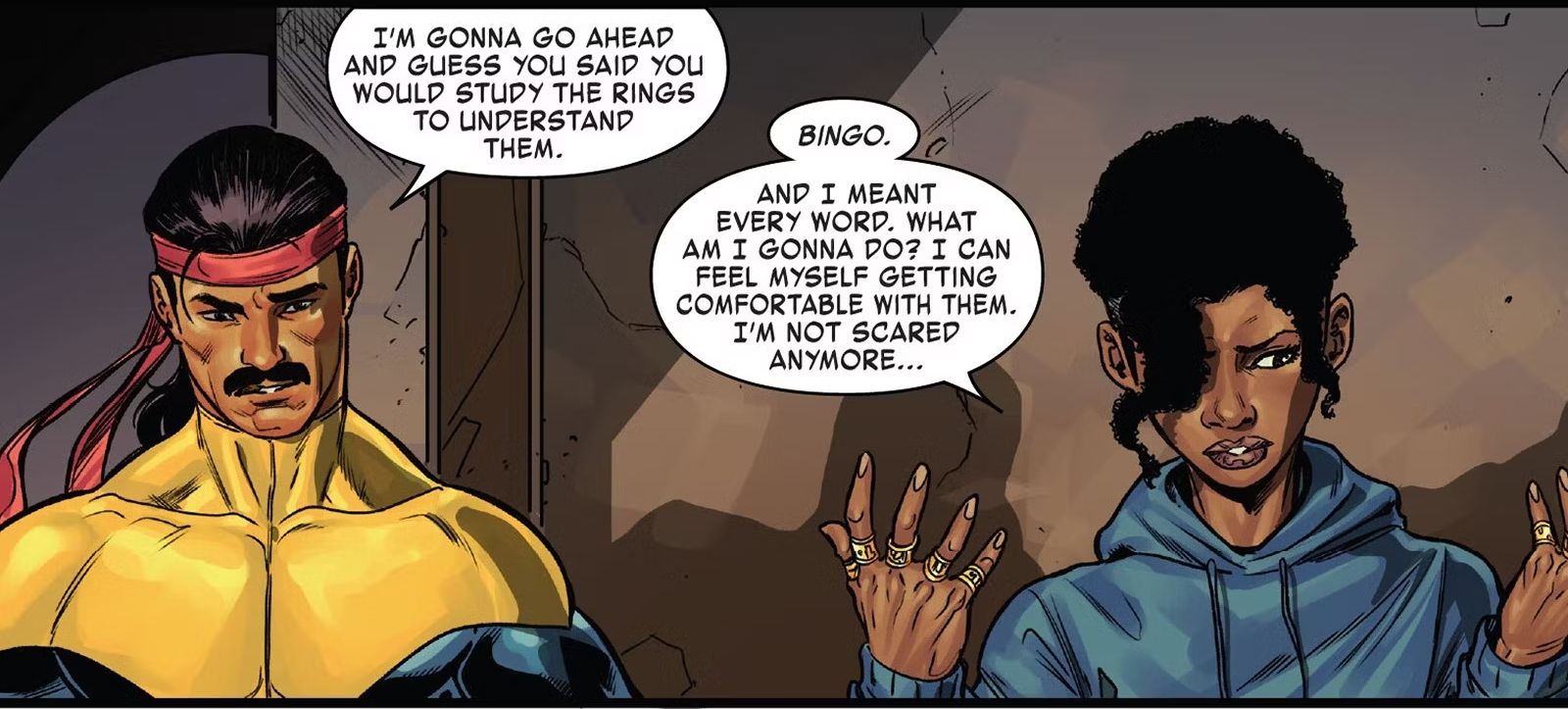 The Invincible Iron Man #14 page 17 panel - Forge and Ironheart discuss the Mandarin&rsquo;s Ten Rings