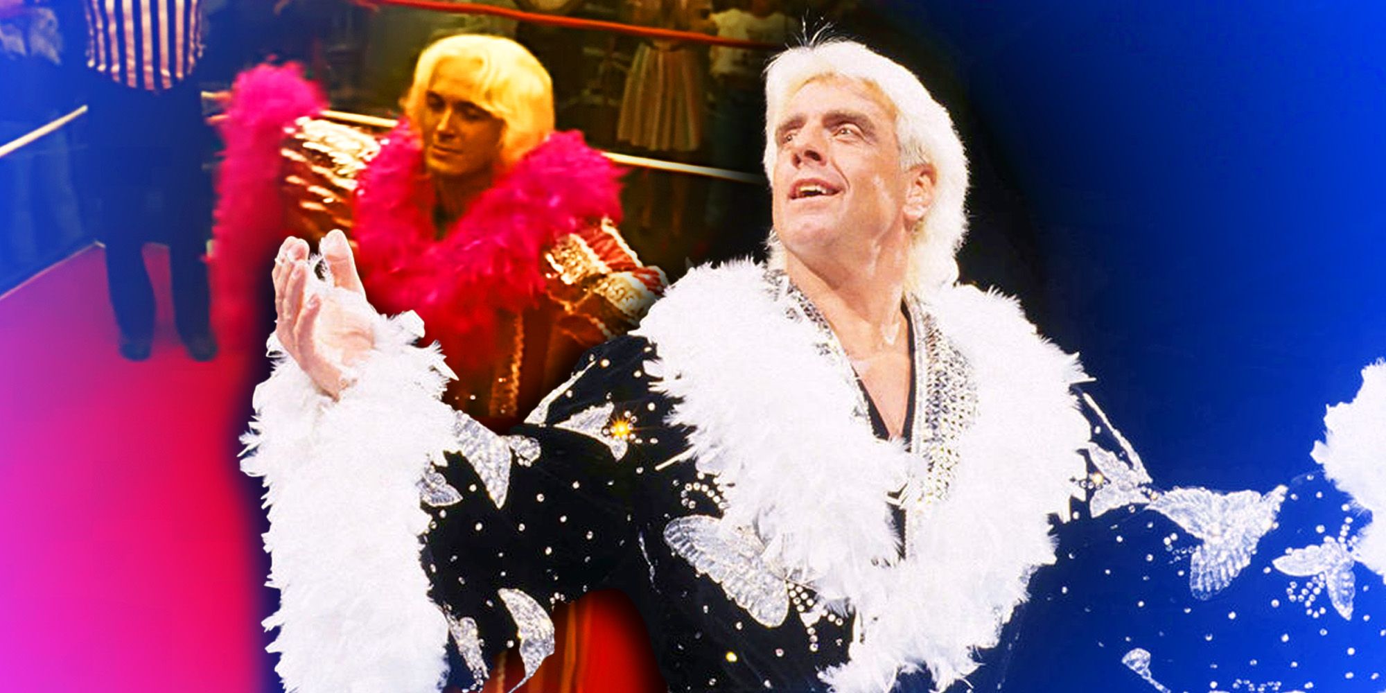 Professional wrestler Ric Flair, who is played by Aaron Dean Eisenberg in The Iron Claw.