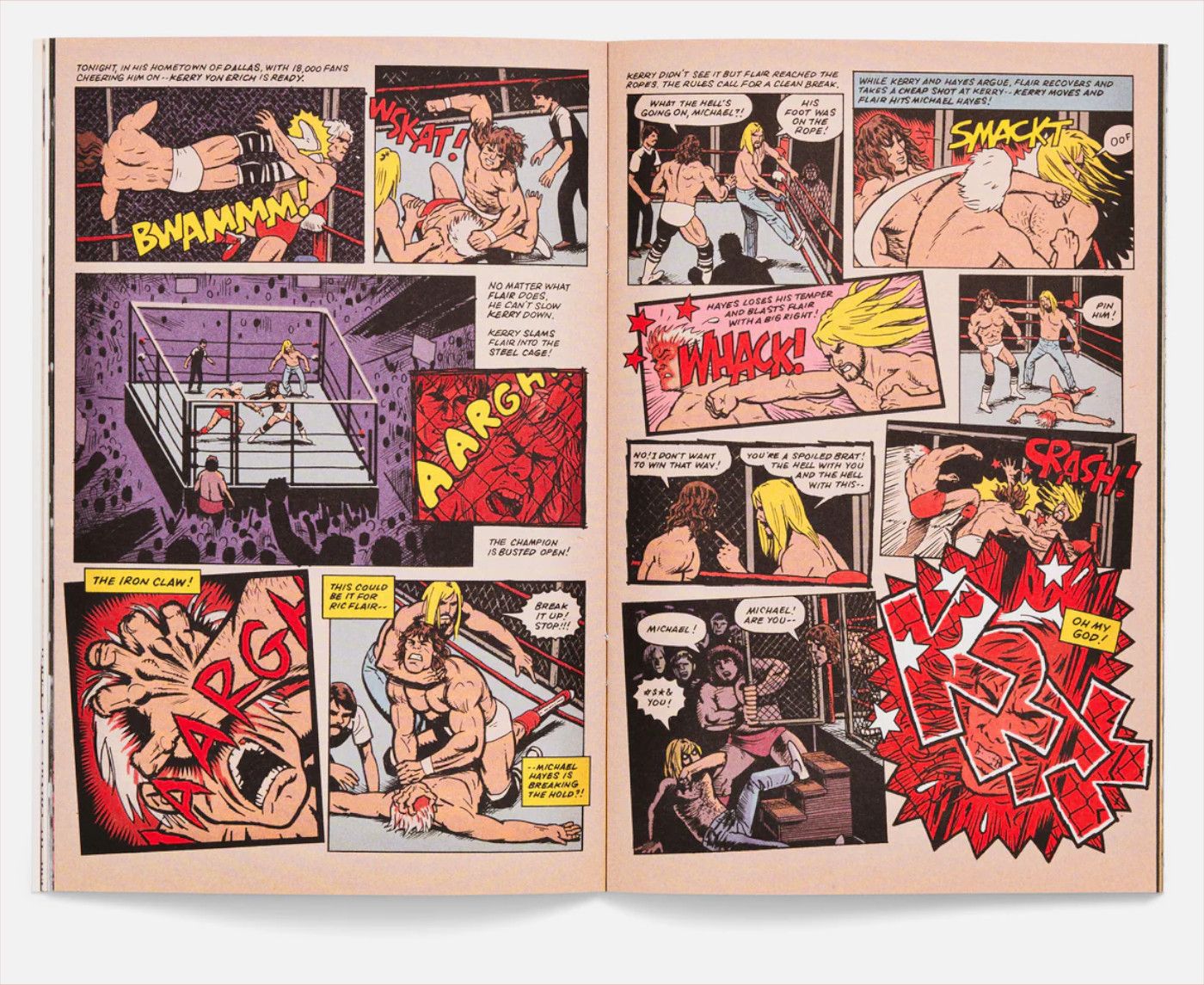 Two comic book pages in a spread: Ric Flair versus Kerry Von Erich, Christmas Cage Match 1982.