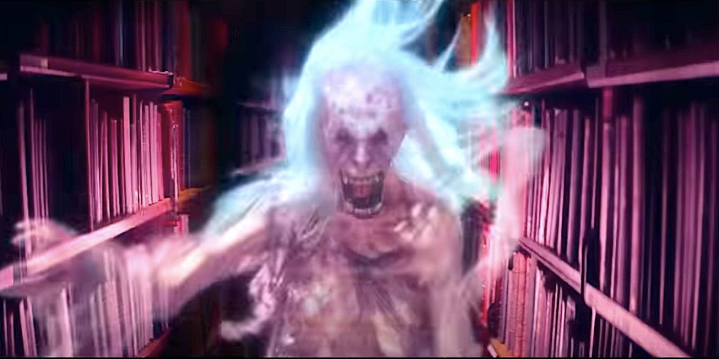 The library ghost among a rack of books in Ghostbusters: Frozen Empire trailer