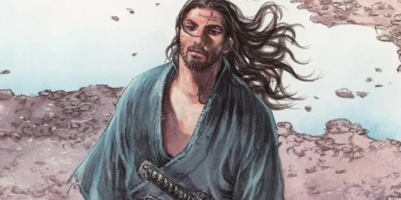 The main character of Vagabond in an official, full color illustration looking towards the sky.