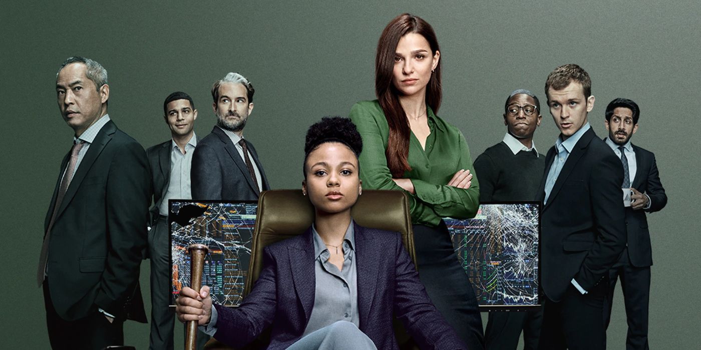 The main characters of Industry season 2 posing in front of grey background in Industry.