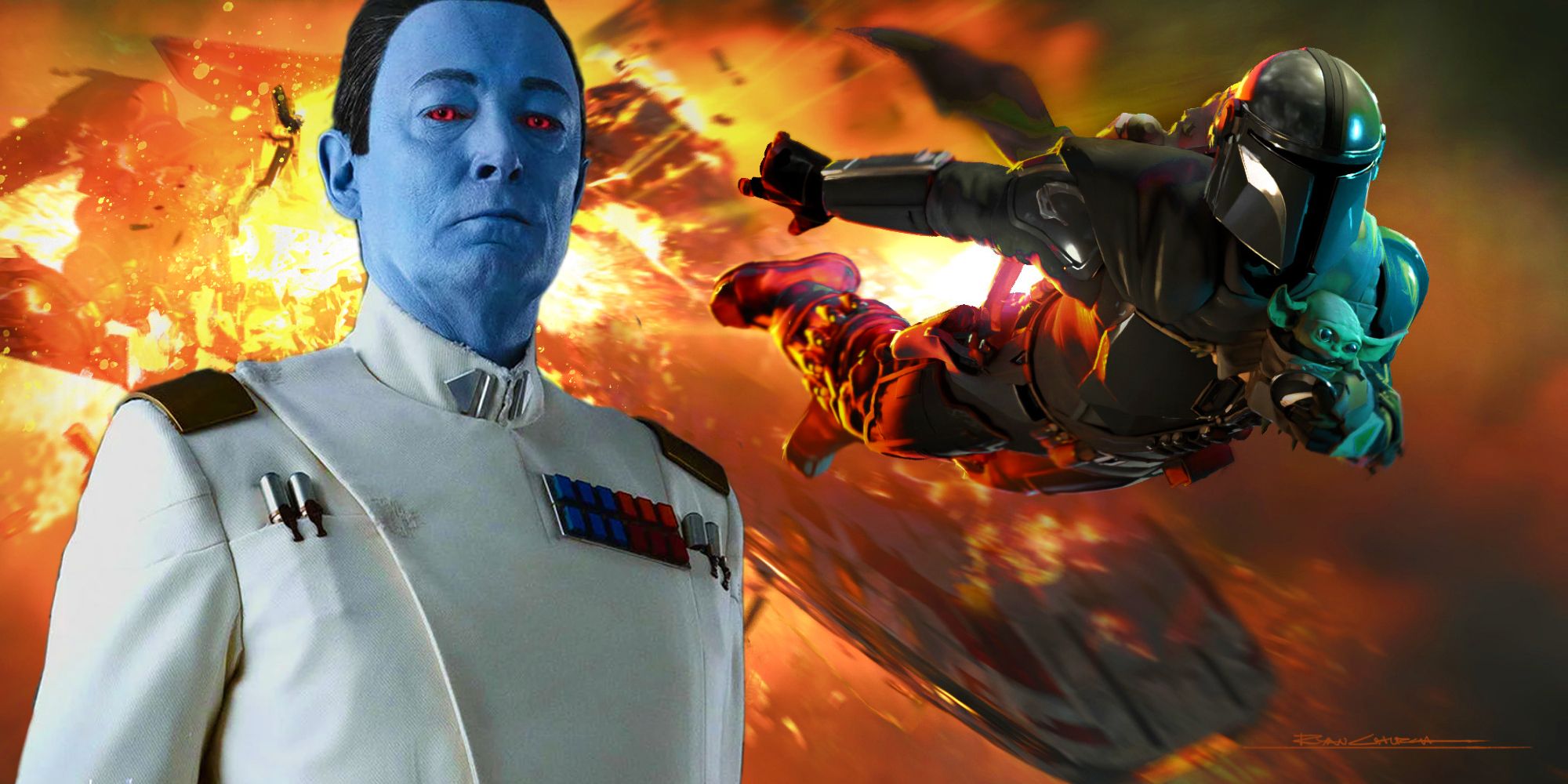 Arte conceitual de The Mandalorian & Grogu ao lado de Lars Mikkelsen como Grande Almirante Thrawn de Ahsoka