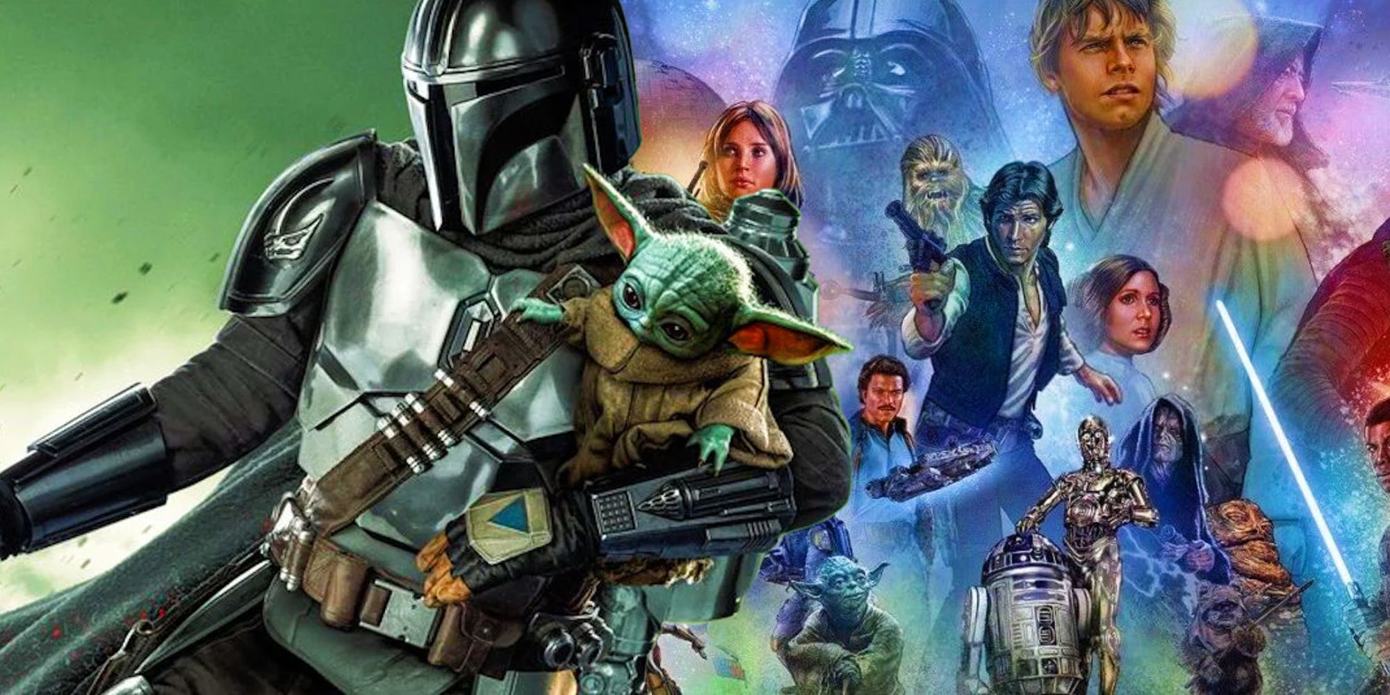 Din Djarin holding Grogu in The Mandalorian season 3's poster next to a mural for Star Wars: A New Hope