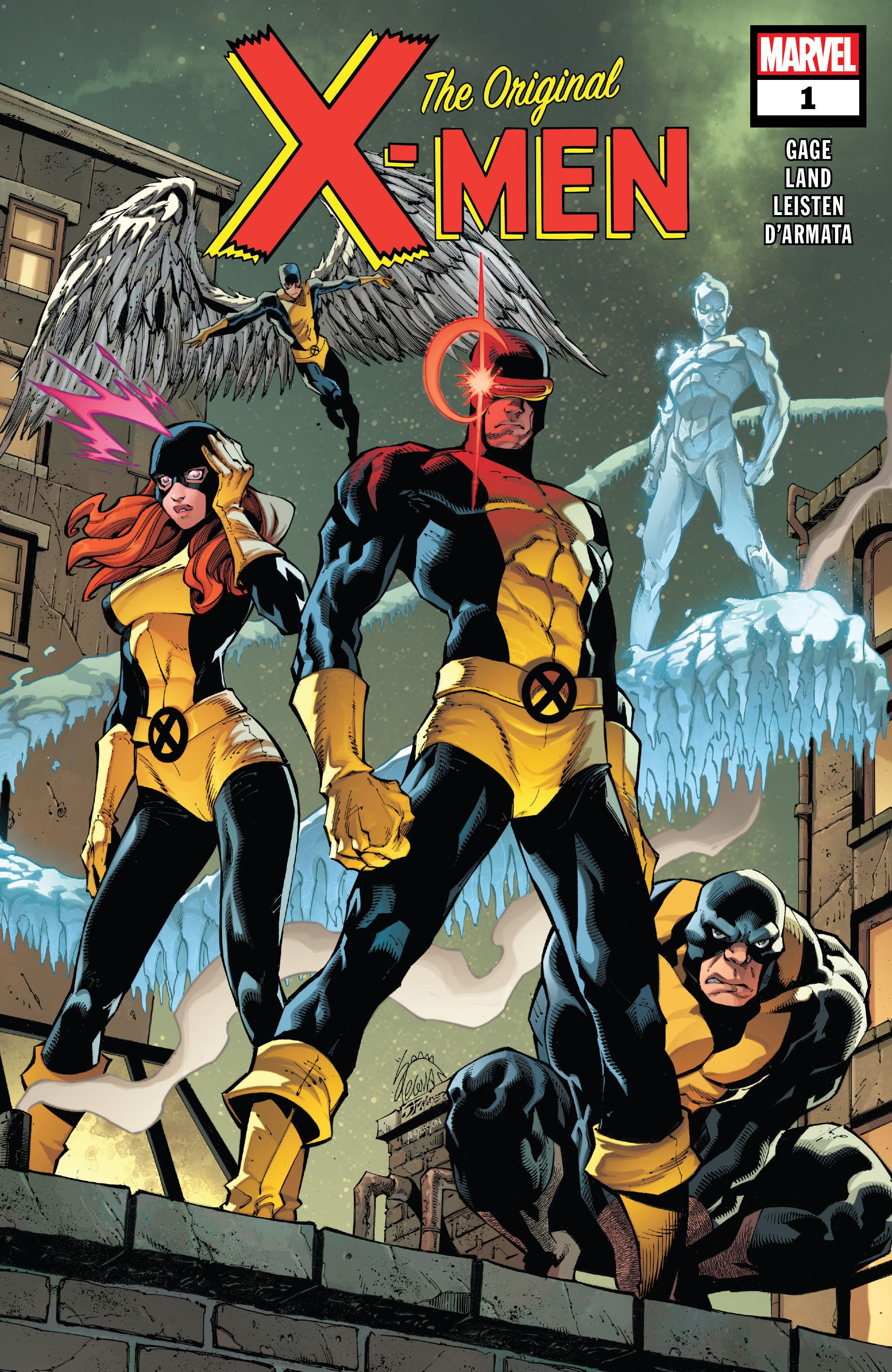 The Original X-Men #1 Cover, Cyclops, Marvel Girl, Beast, Iceman, and Angel stand poised to fight in their original X-Men uniforms.
