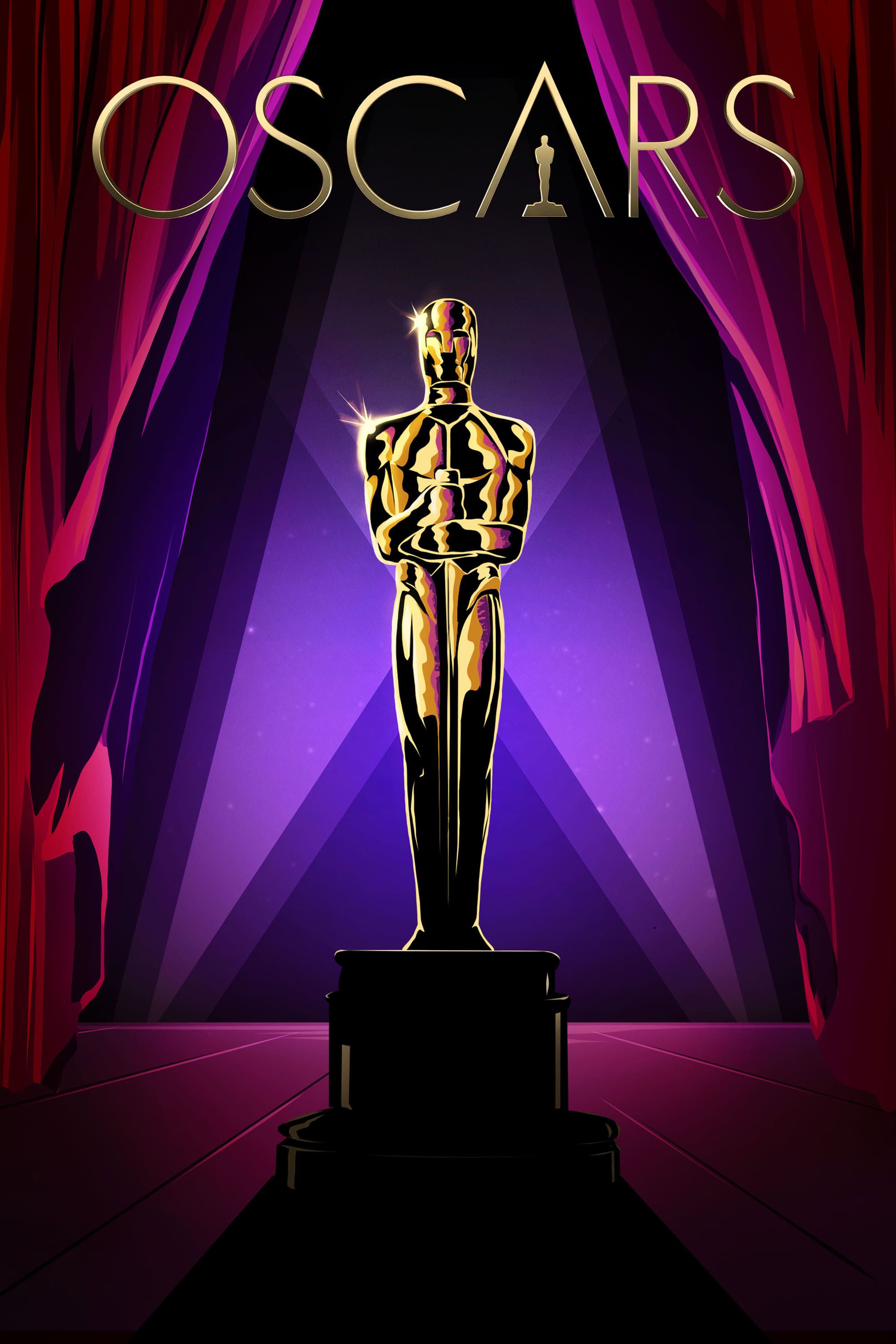 O pôster do Oscar com uma estátua do Oscar em pé em frente a uma cortina