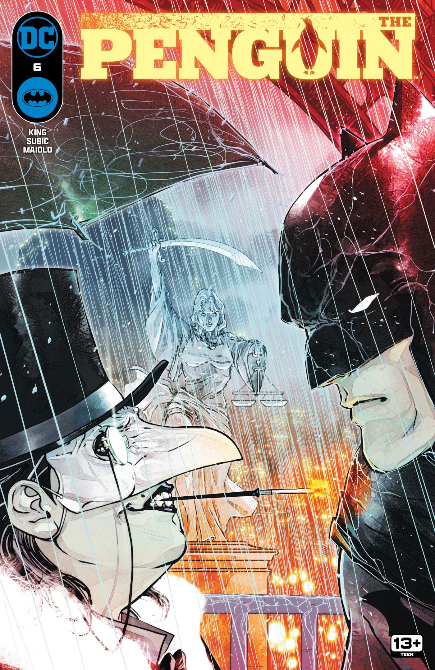 The Penguin 6 Main Cover: Batman and Penguin stare each other down in the rain.