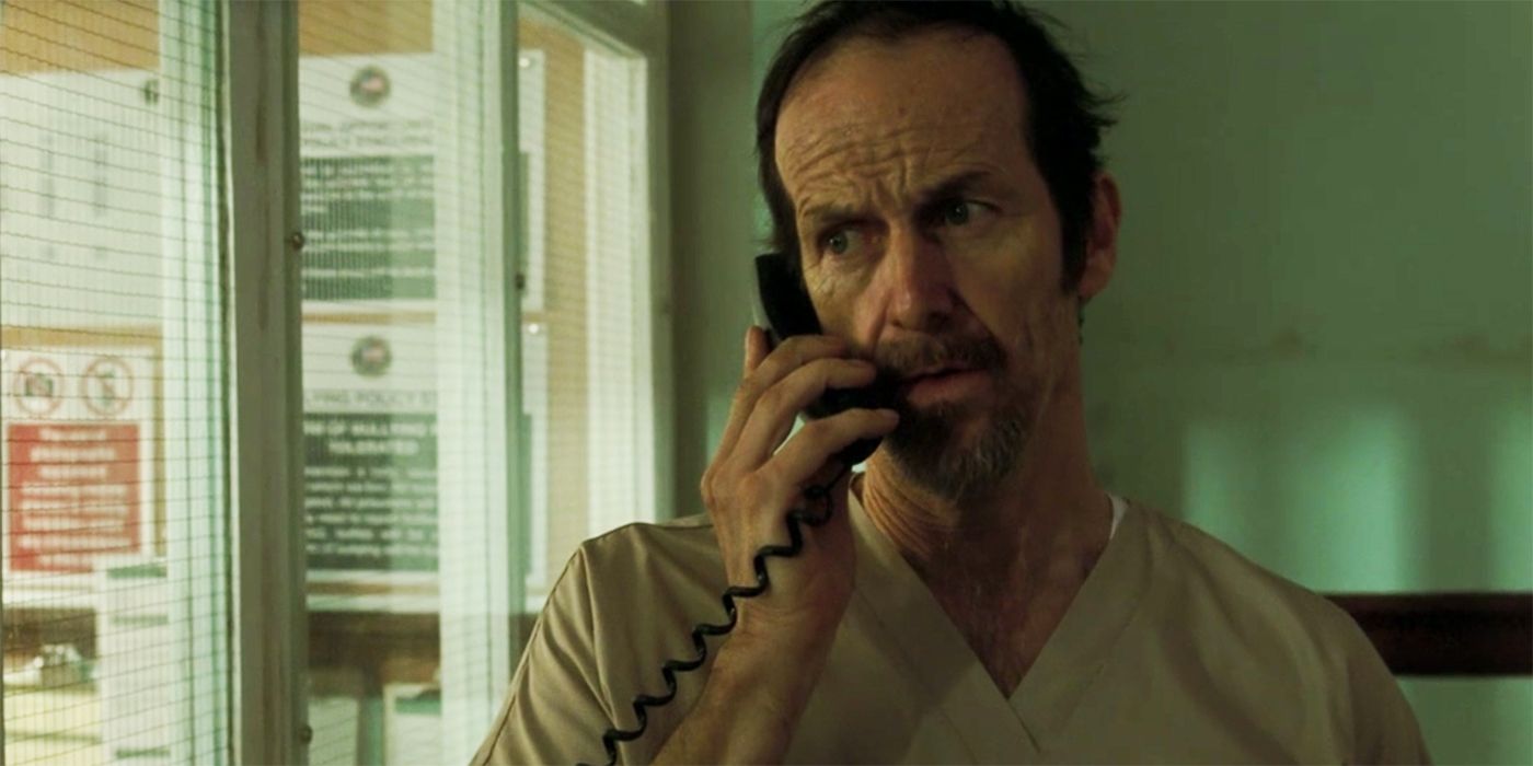 The Postcard Killings Dennis O'Hare as Simon Haysmith Sr taking a call in prison