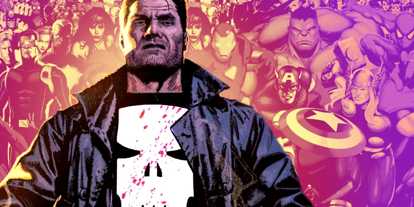 the punisher stands in front of a crowd of marvel heroes avengers
