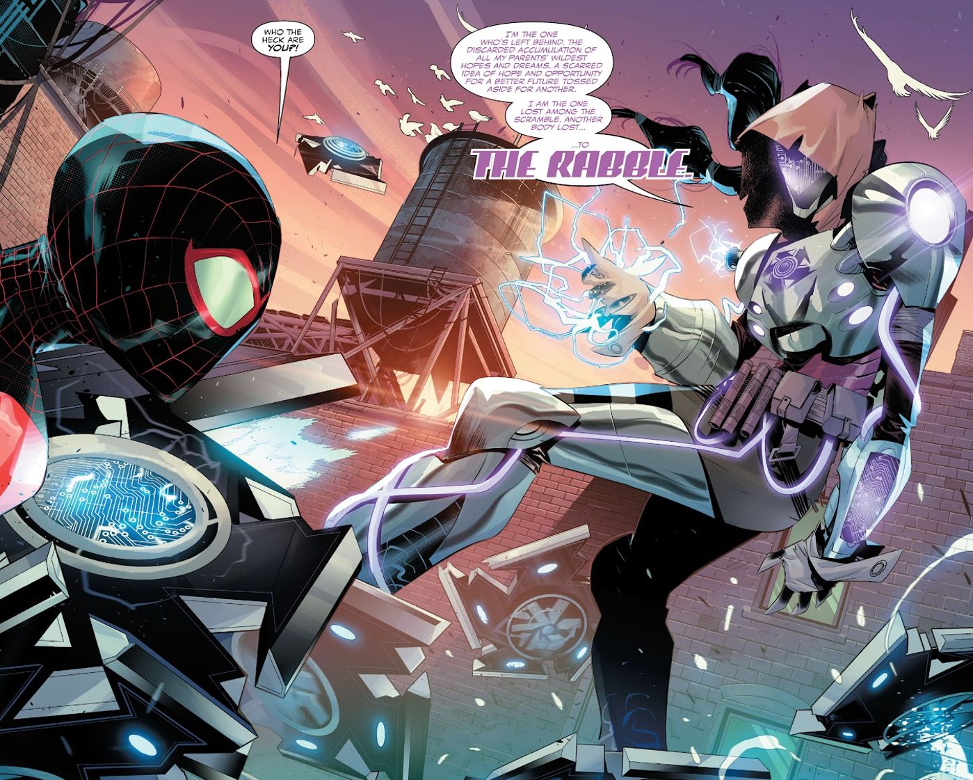 Rabble faces down Miles Morales and explains the origin of her name. 