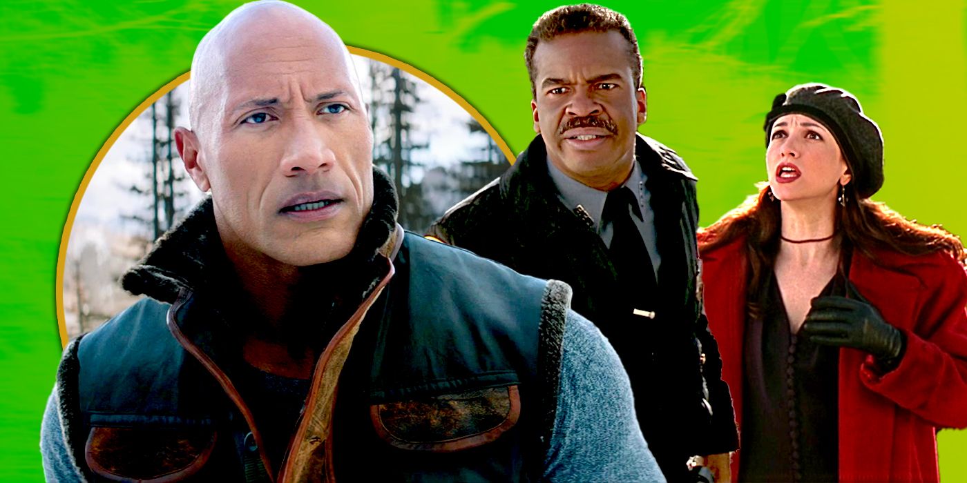 The Rock looking at David Alan Grier and Bebe Neuwirth in Jumanji Exclusive header