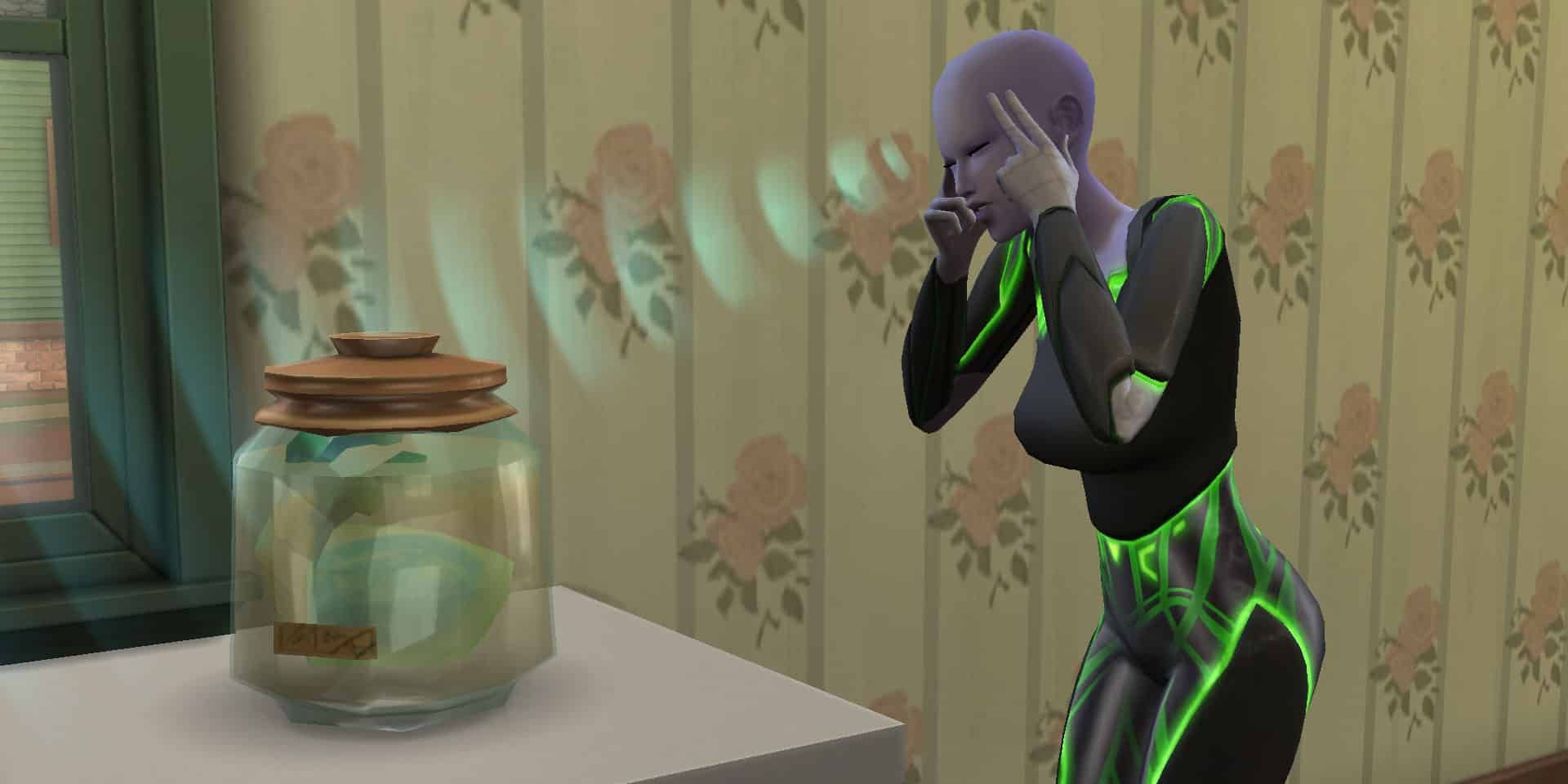 In this screenshot from The Sims 4, an alien Sim uses telekinesis on a gooey substance in a jar.