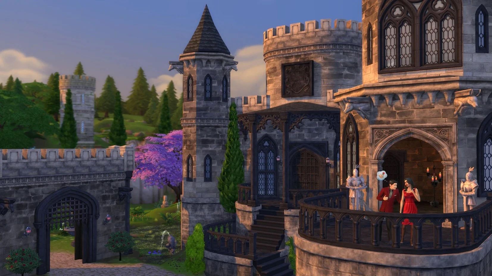 Bella and Mortimer Goth stand on a castle balcony in The Sims 4's Castle Estate Pack