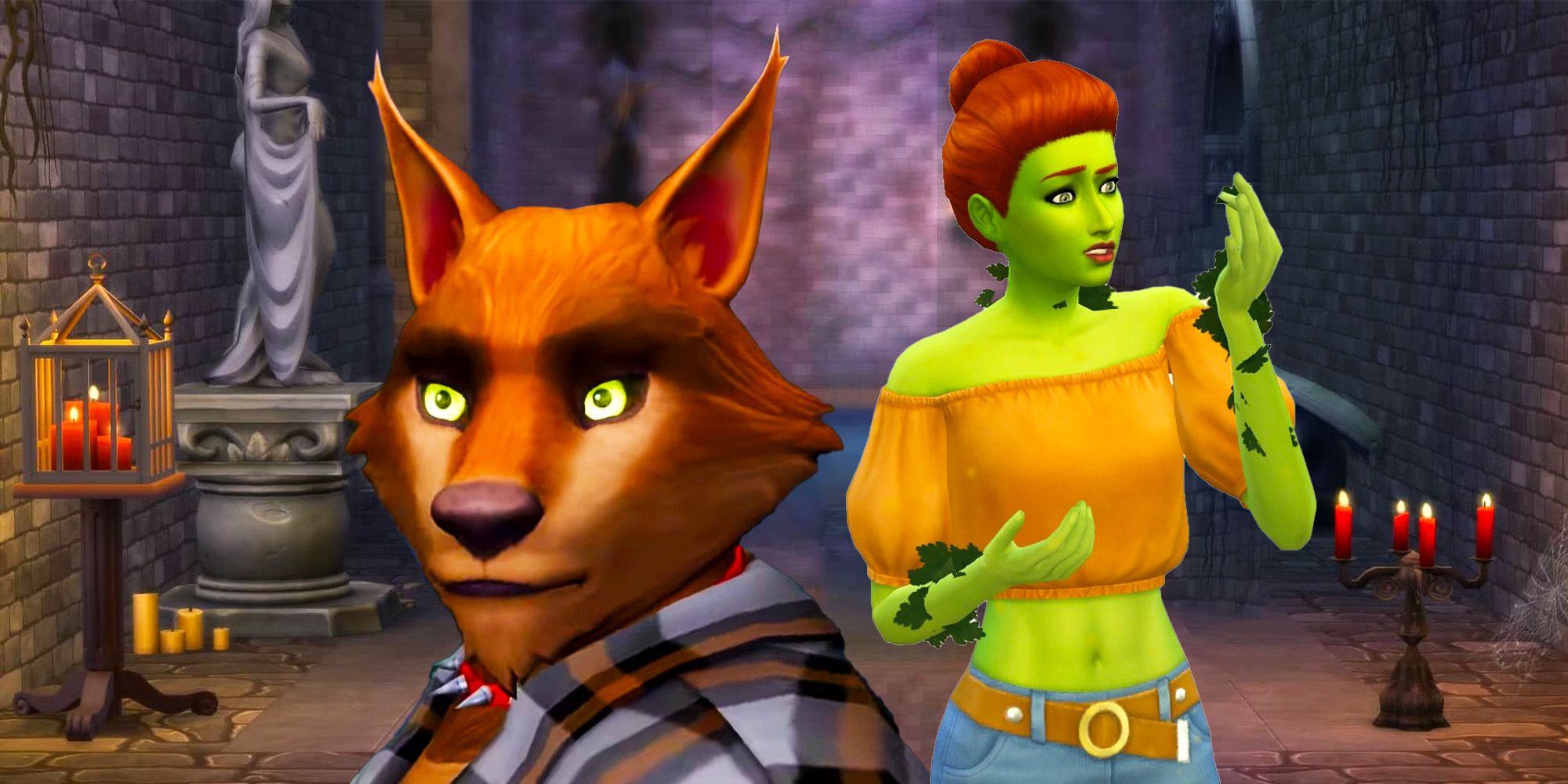 A werewolf Sim and a plant Sim in screenshots from The Sims 4.