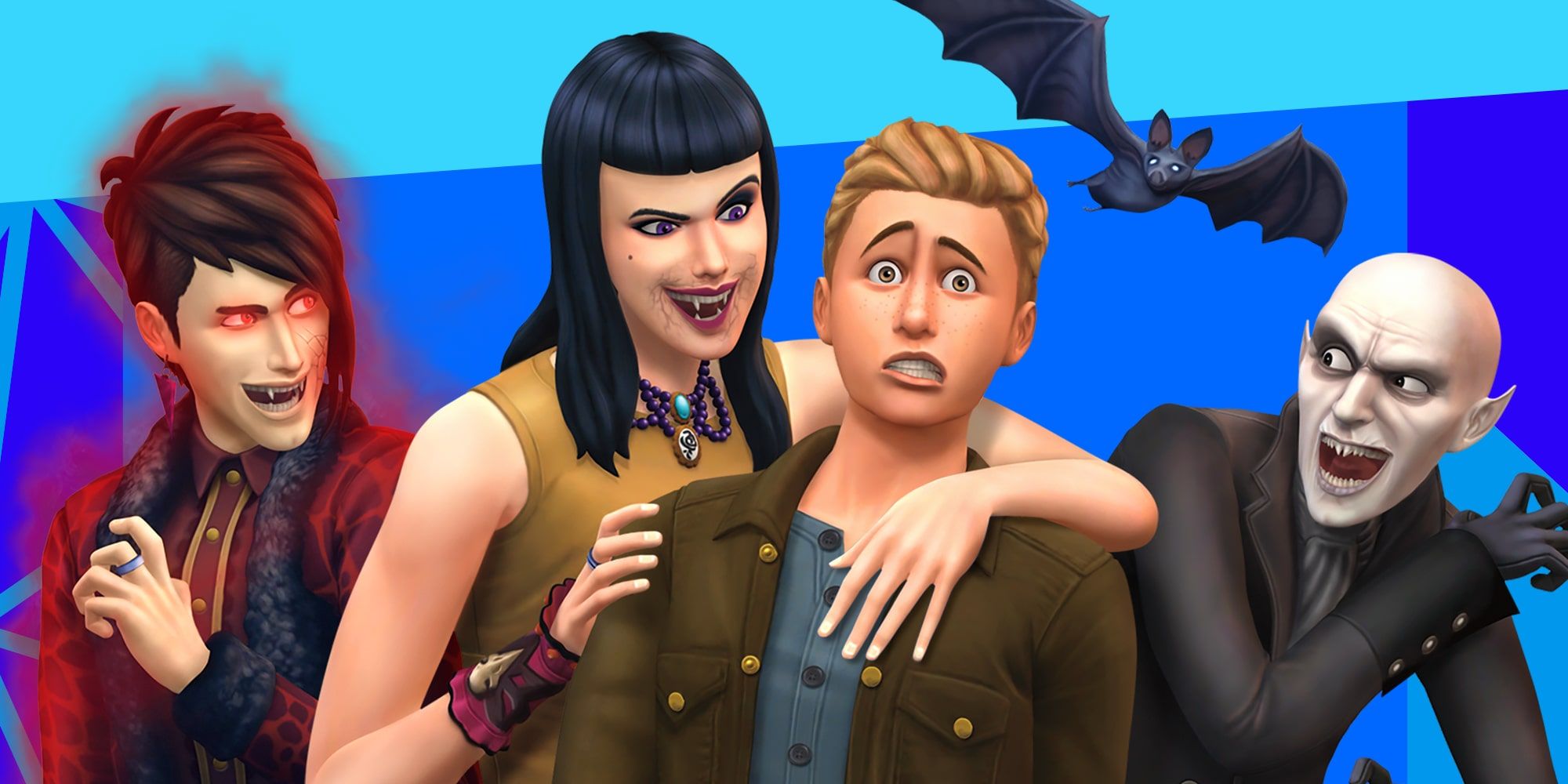 The cover art for the Vampire Pack from The Sims 4, featuring a fashionable vampire and a Nosferatu-style vampire looking on as a vampire prepares to bite a human.