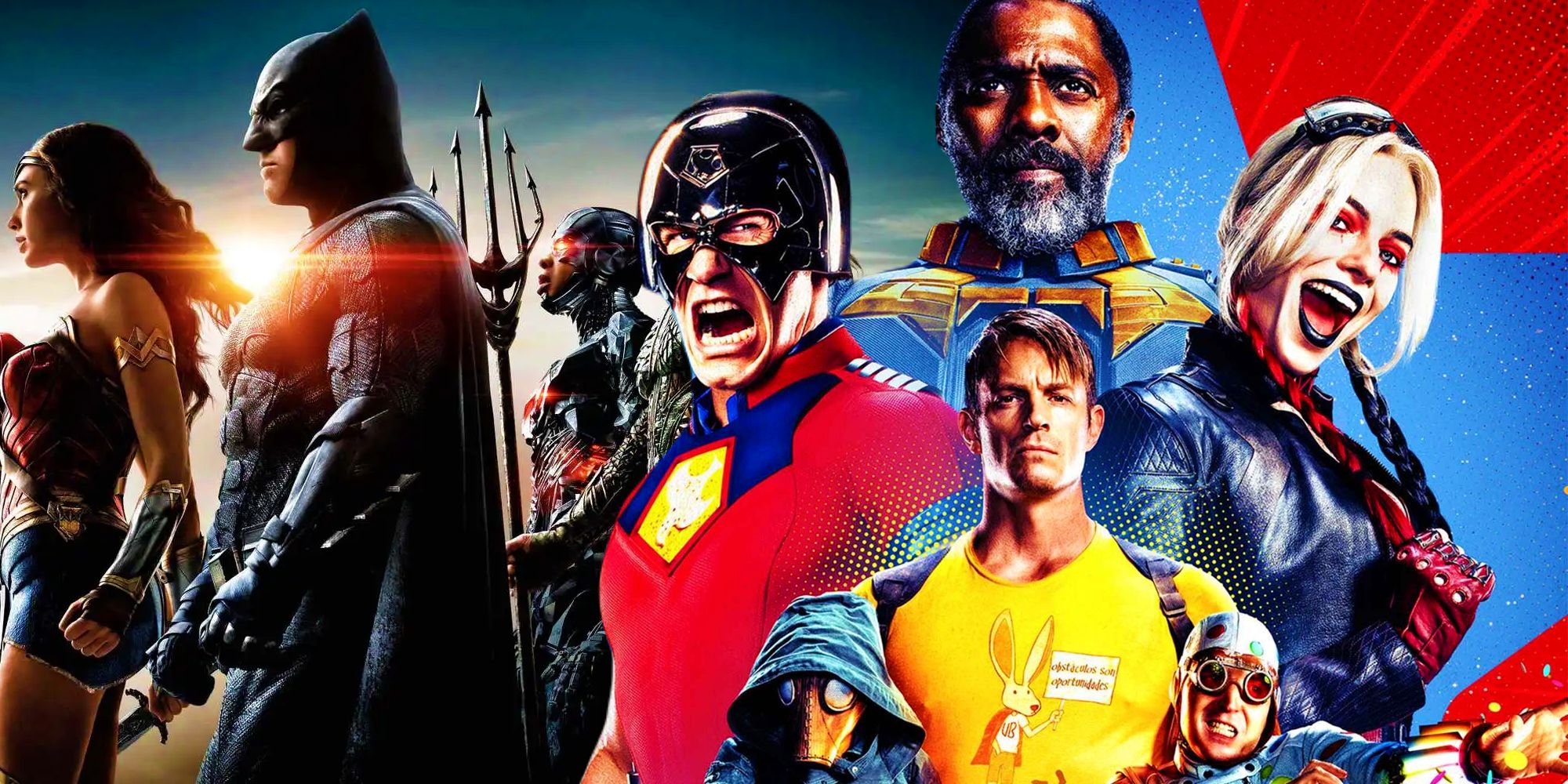 The poster for 2021’s The Suicide Squad next to the DCEU’s Justice League standing in the sunrise
