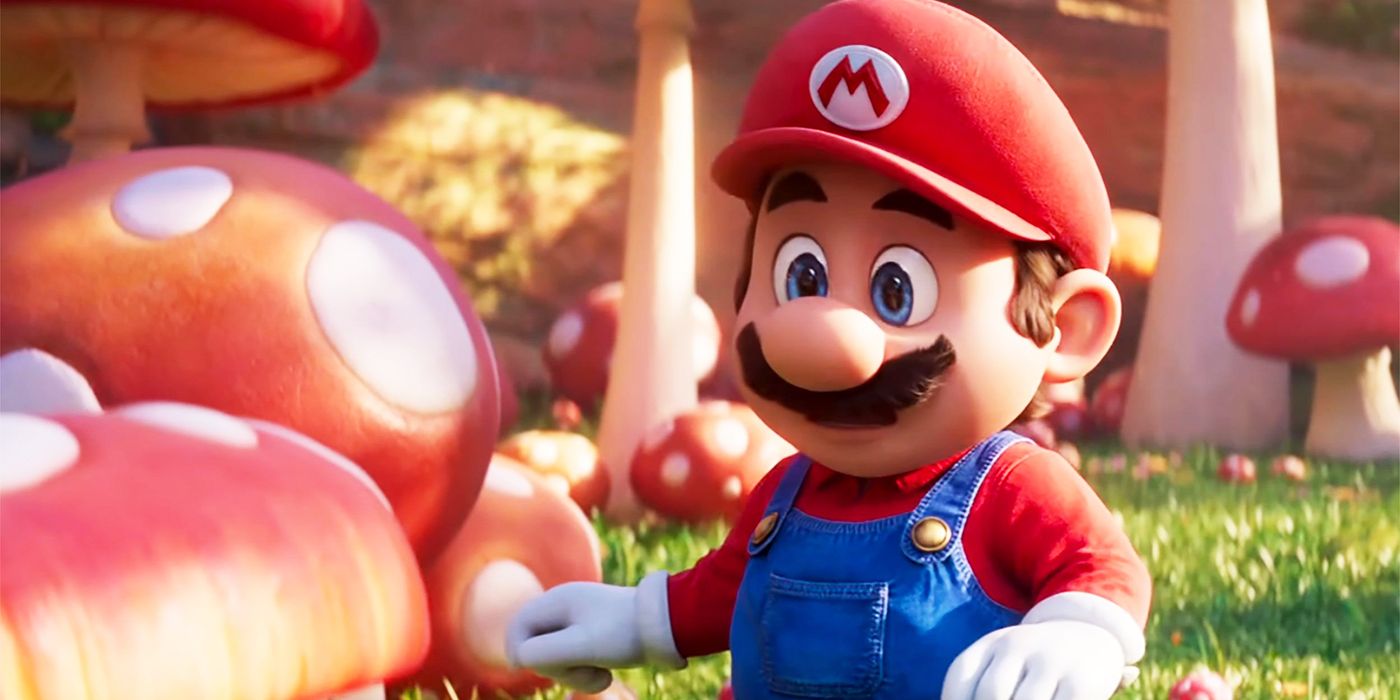 O filme Super Mario Bros Mario maravilhado com os grandes cogumelos