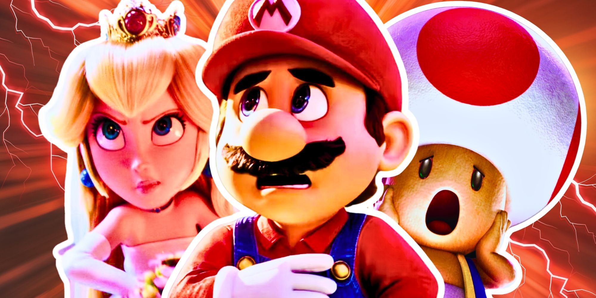 O filme Super Mario Bros Peach Mario e Toad parecendo assustados