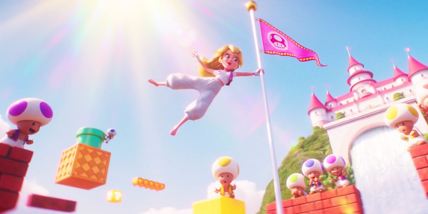 The Super Mario Bros Movie young Peach reaching the flag