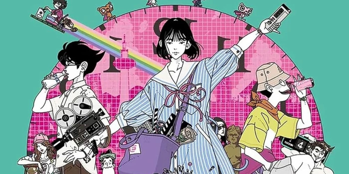 The Tatami Time Machine Blues promotional image, featuring eccentric main characters Watashi, Akashi, and Ozu