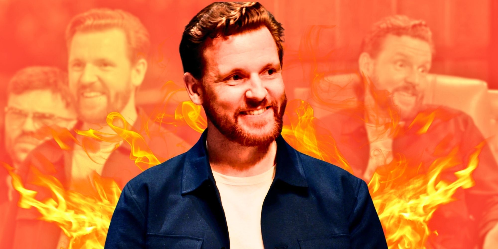Montage of The Traitors UK Season 2's Paul Gorton, with fire behind him and orange background