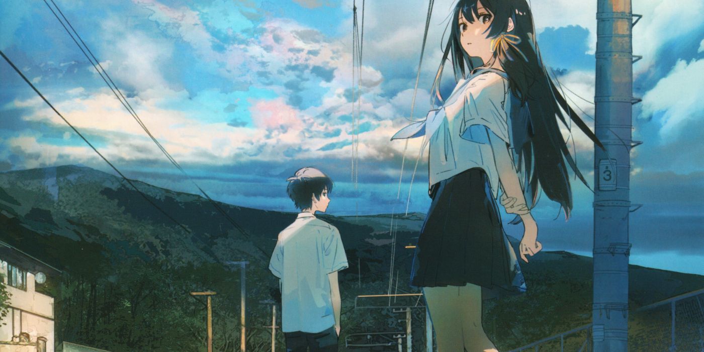 The Tunnel to Summer, the Exit of Goodbyes Anzu looks down towards the camera while Kaoru is slightly turning his head backwards from further away