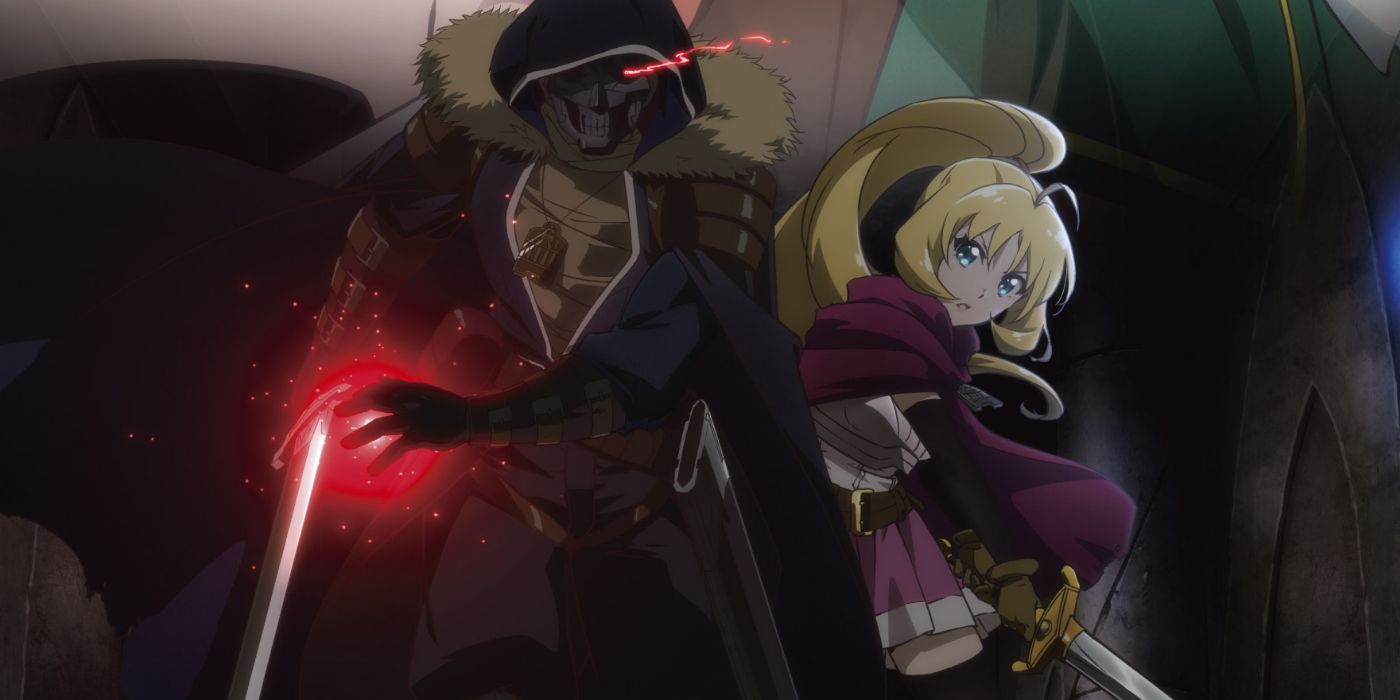 The Unwanted Undead Adventurer key anime visual featuring an intimidating looking man with a skull mask and a younger woman with a long blonde ponytail
