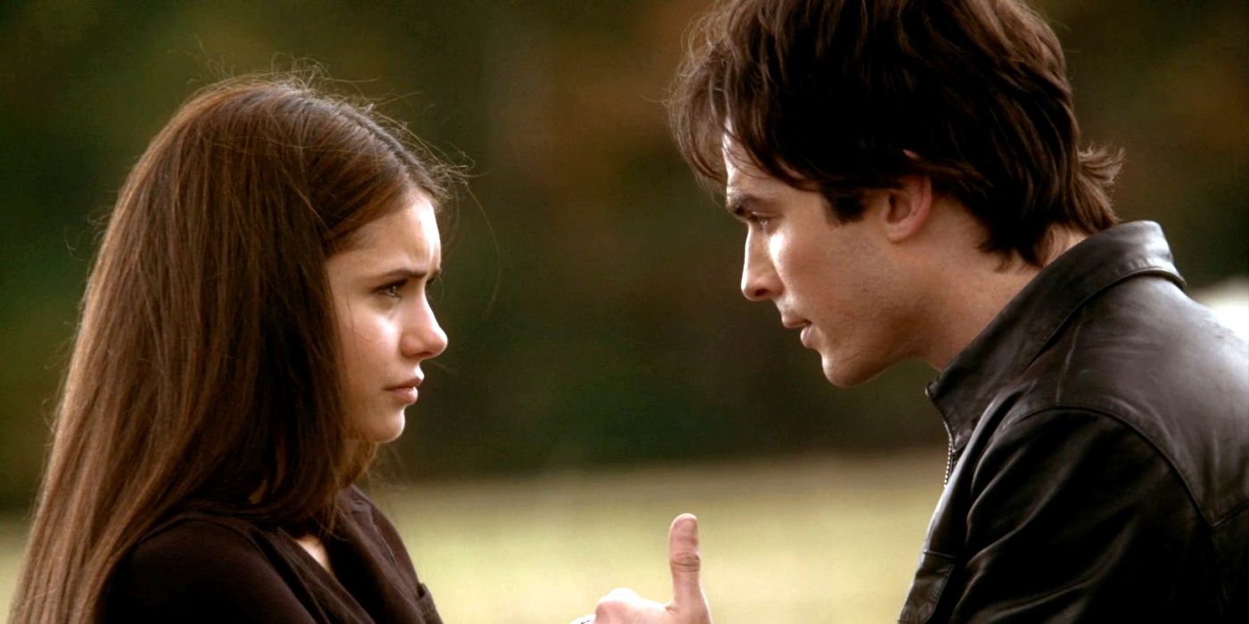 Nina Dobrev as Elena Gilbert and Ian Somerhalder as Damon Salvatore in The Vampire Diaries season 1, episode 11.