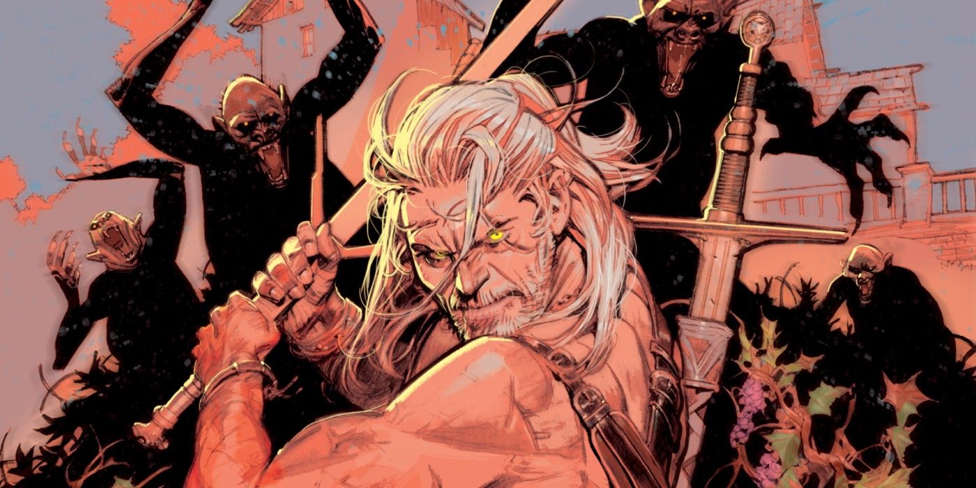 An armed and dangerous Geralt surrounded by enemies on the cover of The Witcher: Corvo Bianco #1