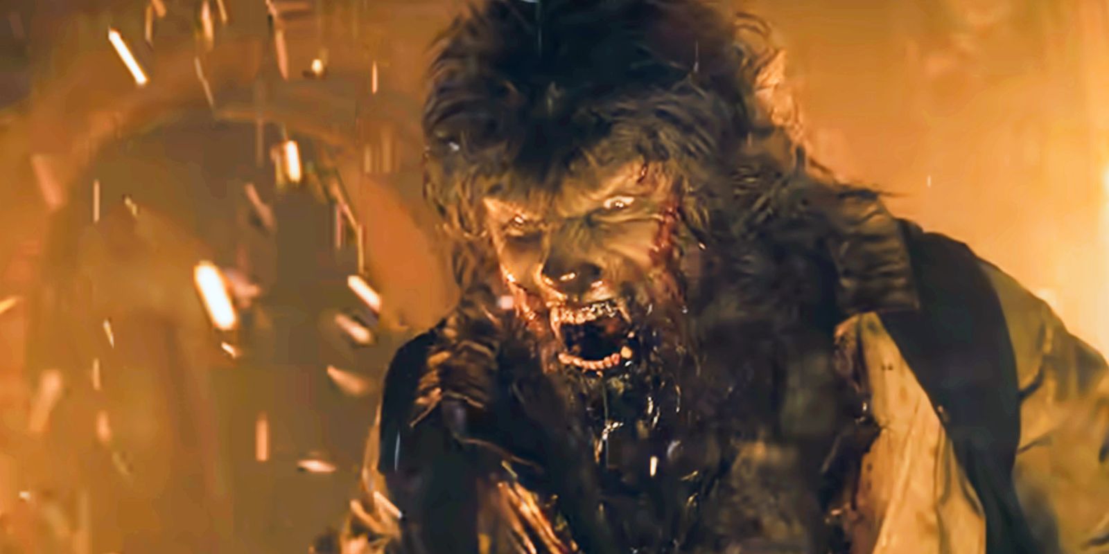 The Wolfman snarling amongst flames in Joe Johnston's The Wolfman