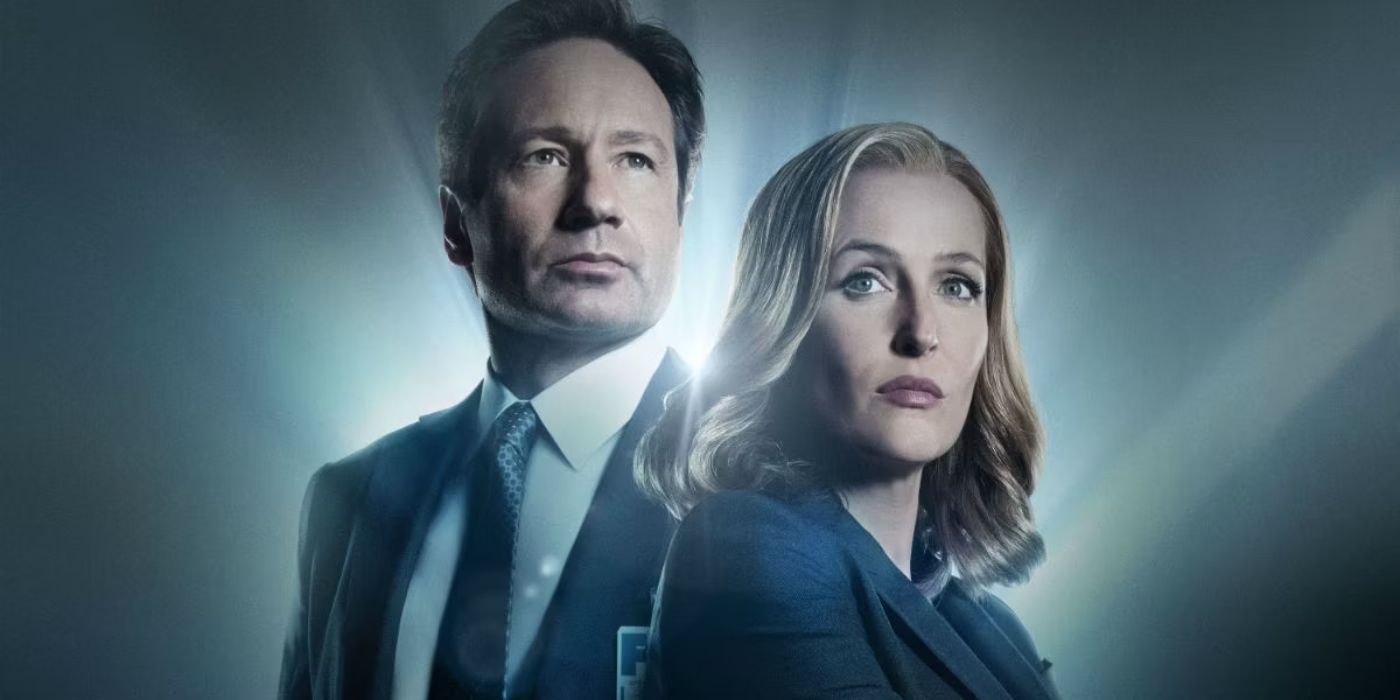 Scully and Mulder from The X-Files looking off in the distance in a promo poster