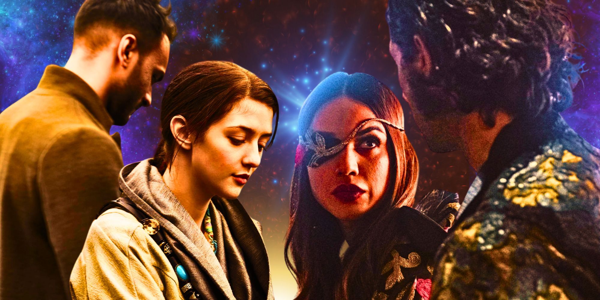 A collage of The Magicians characters including Penny, Margo, and Eliot