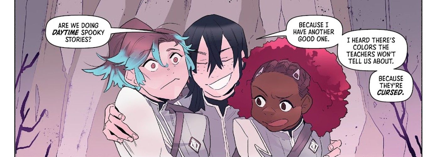 panel from Ranger Academy #4, Theo Sage and Lindy huddled together, talking about Cursed Power Rangers