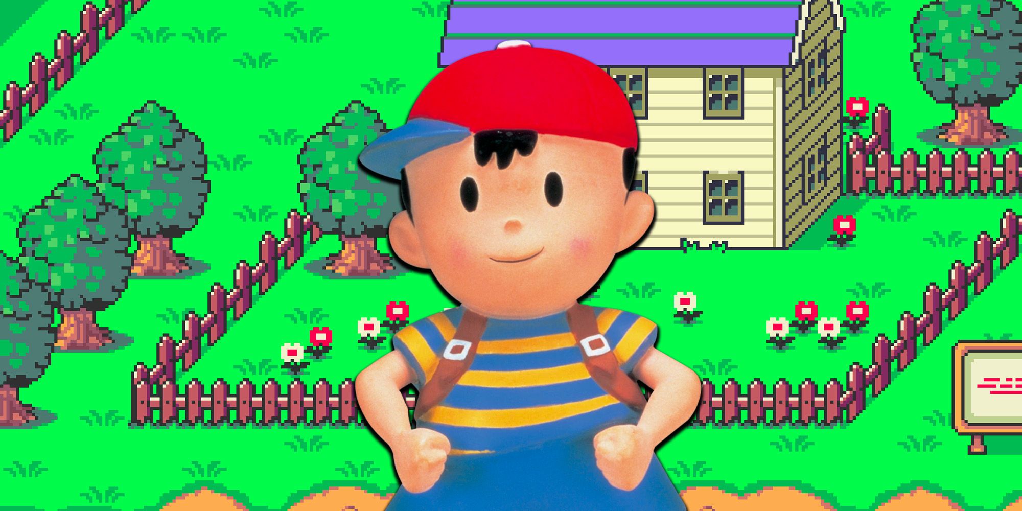 Ness from Earthbound in front of a backdrop of a house from the game.
