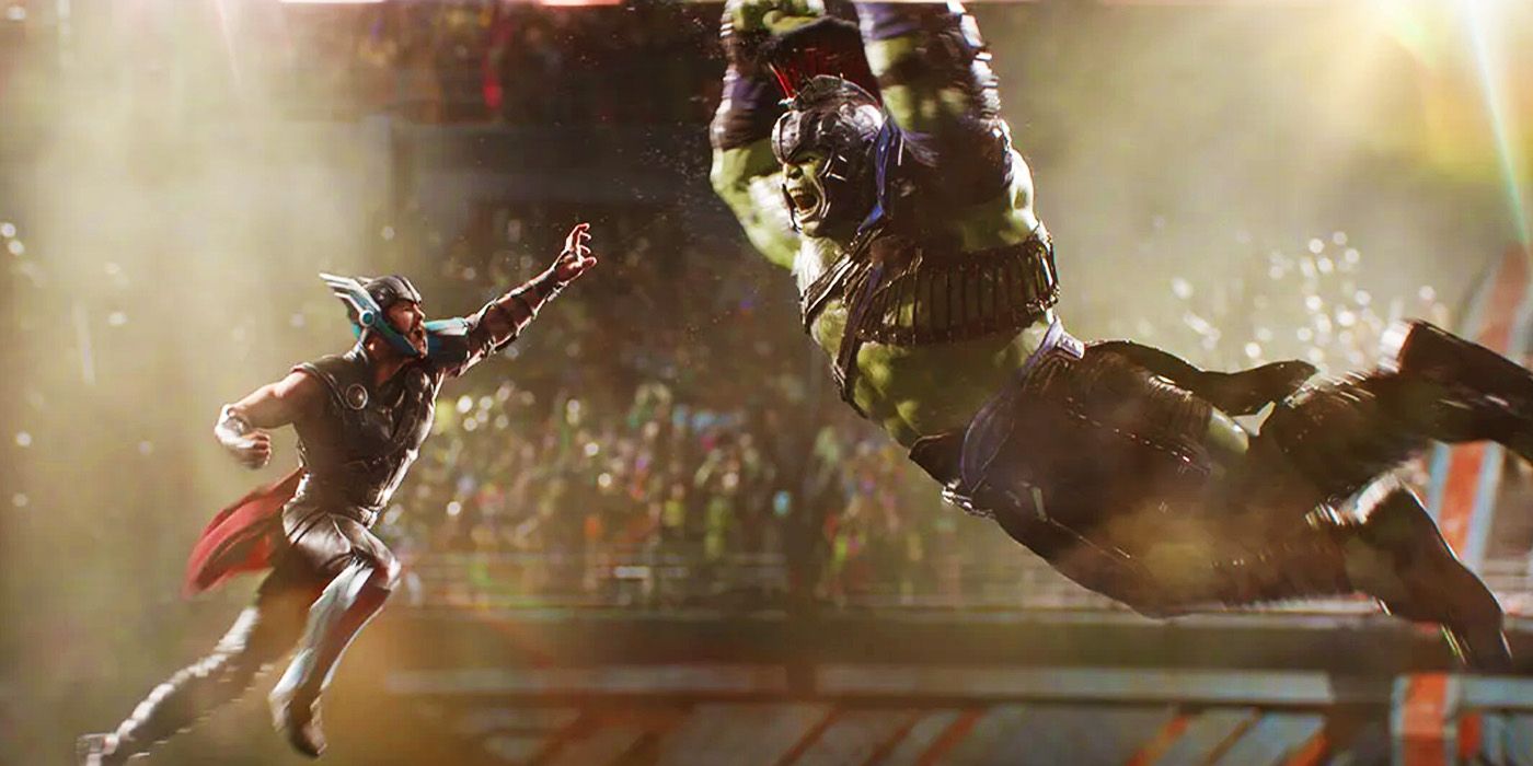 Chris Hemsworth's Thor and Mark Ruffalo's Hulk fighting in a gladiator battle in Thor Ragnarok