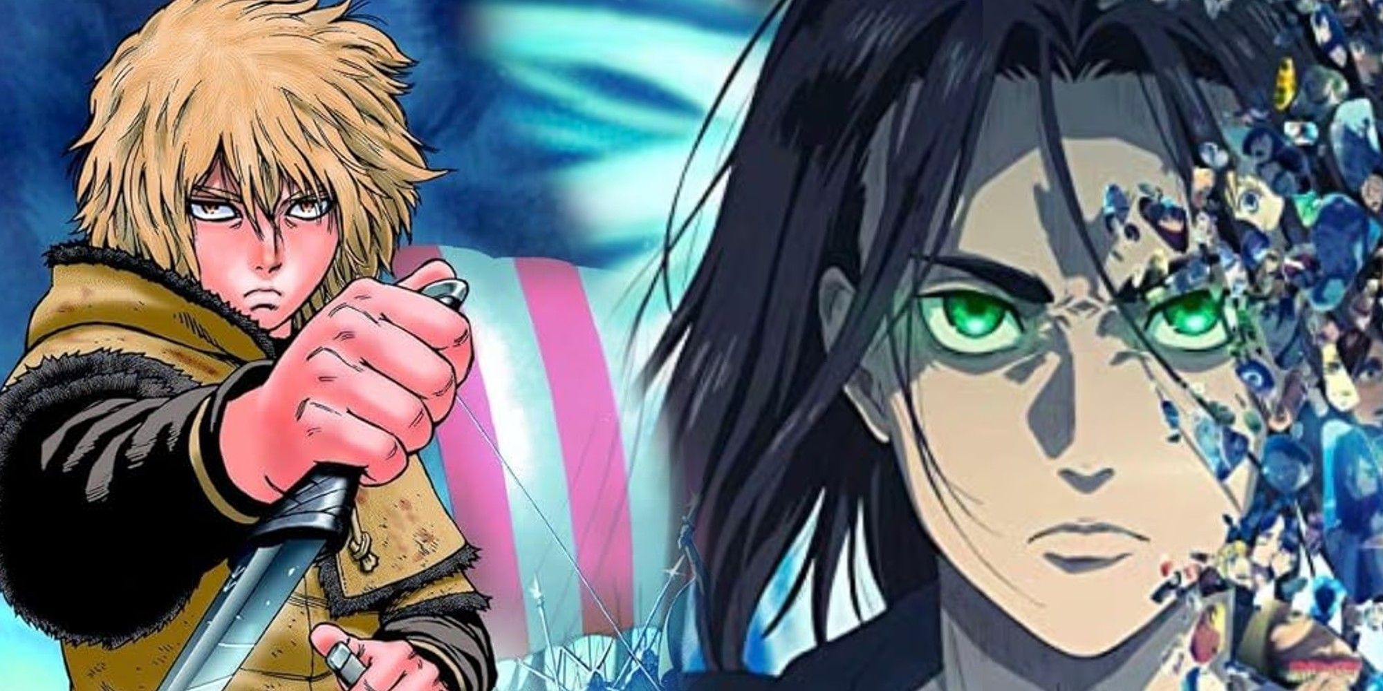  Thorfinn from volume 1 of VInland Saga and Eren from the final season of Attack on Titan together against a blue background.