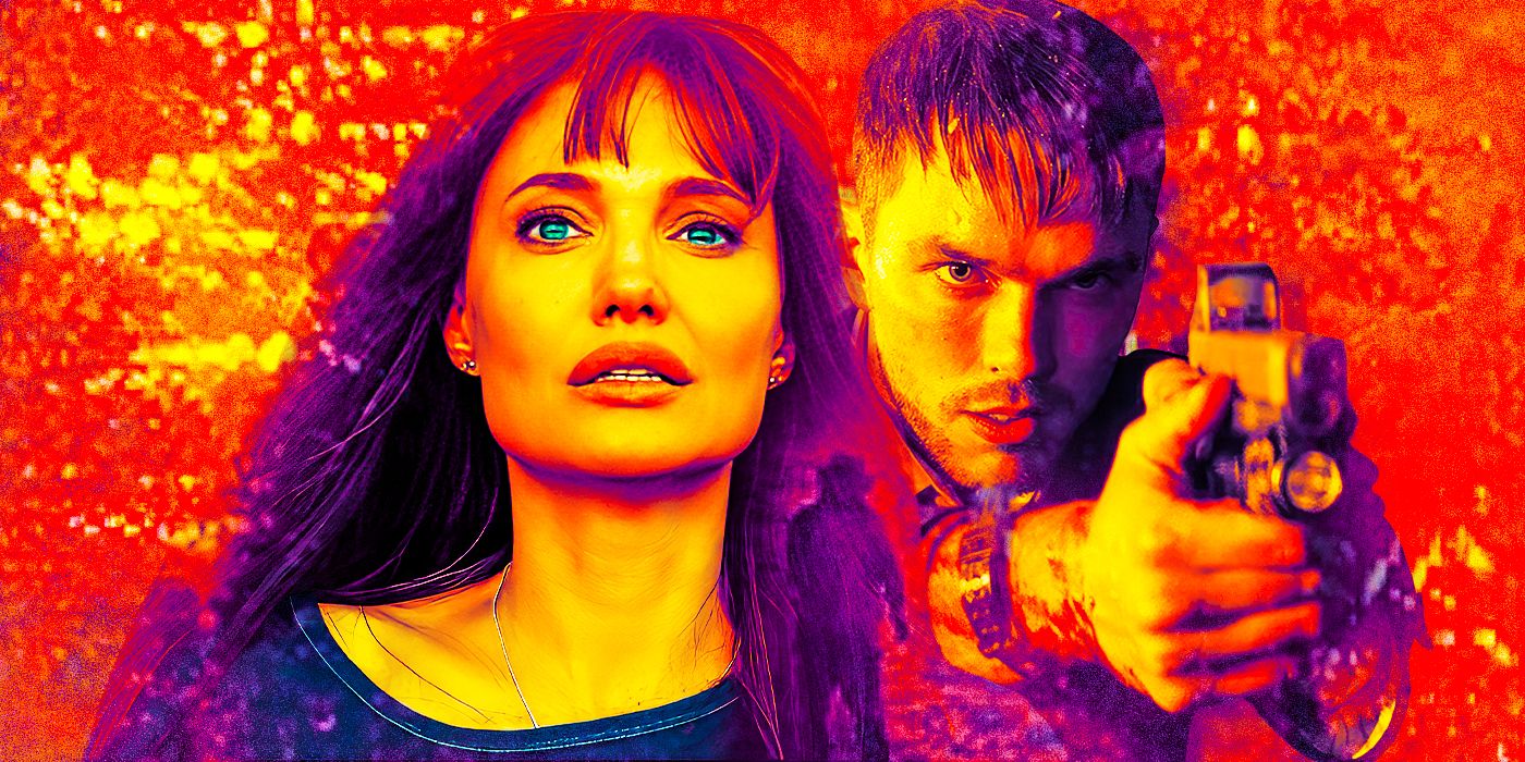 Collage of Angelina Jolie as Hannah and Nicholas Hoult as Patrick in Those Who Wish Me Dead